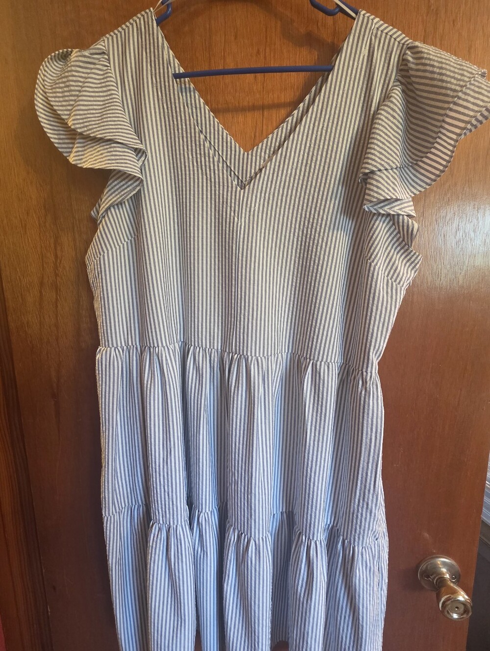 Gibson & Latimer Blue and White Stripe Ruffle Sleeve Dress